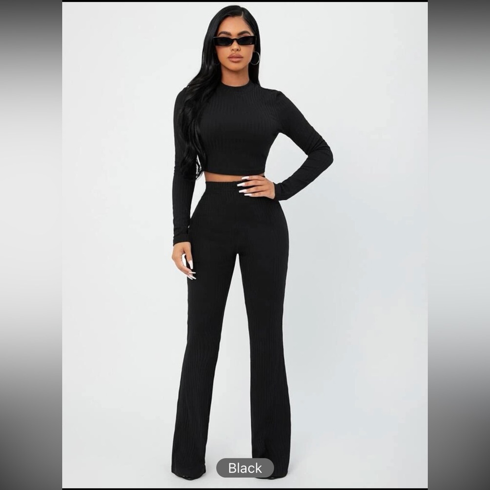 NEW Black Solid Crop Tee & High Waist Pants Set Size Large Ribbed Matching Set
